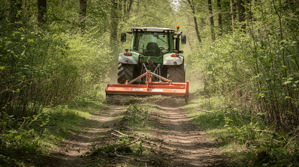 L'image montre un tracteur agricole équipé d'un broyeur à fléaux porté, avançant sur un chemin forestier bordé de taillis. Ce broyeur de végétaux est utilisé pour le broyage des branches et des feuilles, facilitant ainsi l'entretien des espaces verts.