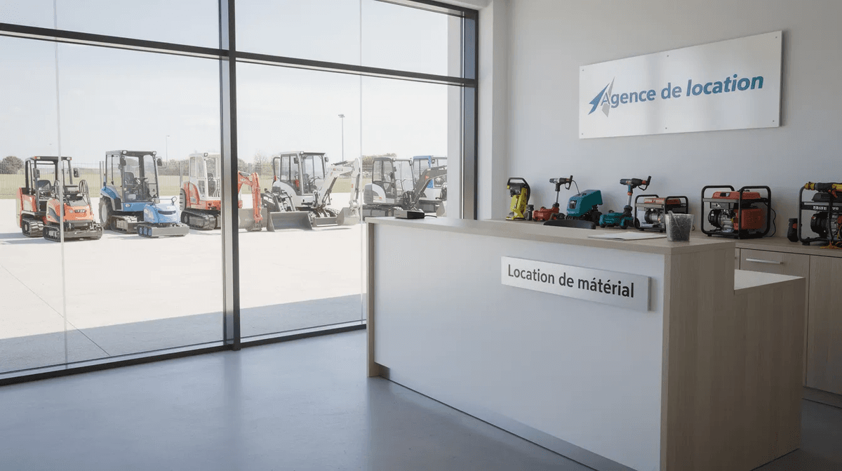L'image montre un parc de location de matériel où plusieurs machines, dont un broyeur de végétaux, sont alignées sur un sol bétonné. À l'arrière-plan, un comptoir d'agence est visible, offrant des conseils et des informations sur les options de location pour l'entretien des jardins et le broyage des déchets végétaux.