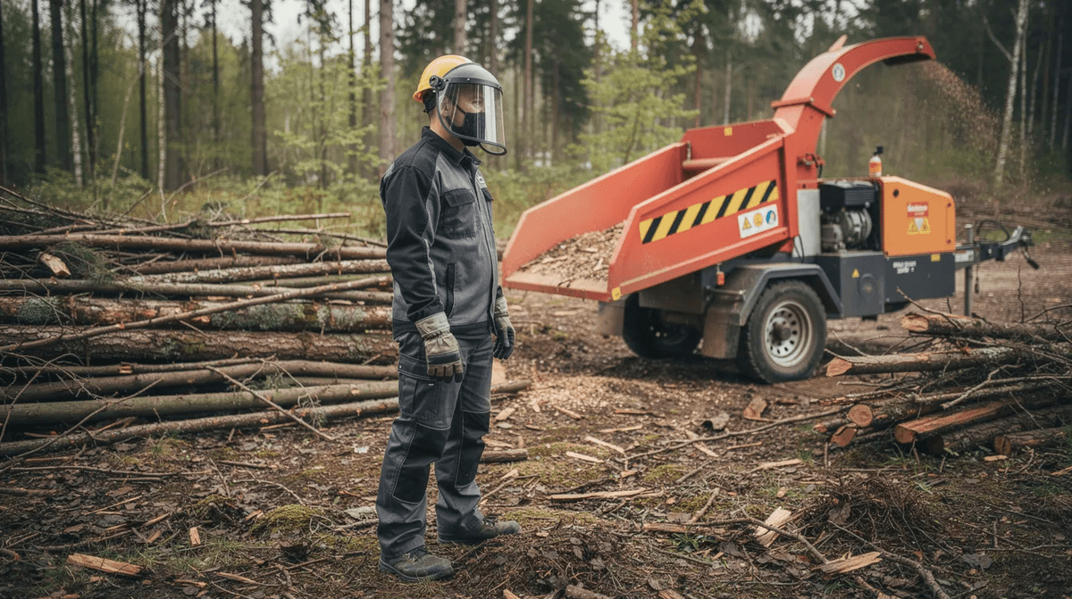 Une personne portant un casque avec visière, des gants de sécurité et un pantalon anti-coupure se tient devant un broyeur de végétaux sur un chantier forestier, prêt à effectuer des travaux de broyage et de nettoyage des déchets végétaux. L'équipement, essentiel pour l'entretien des espaces verts, est visible en arrière-plan.