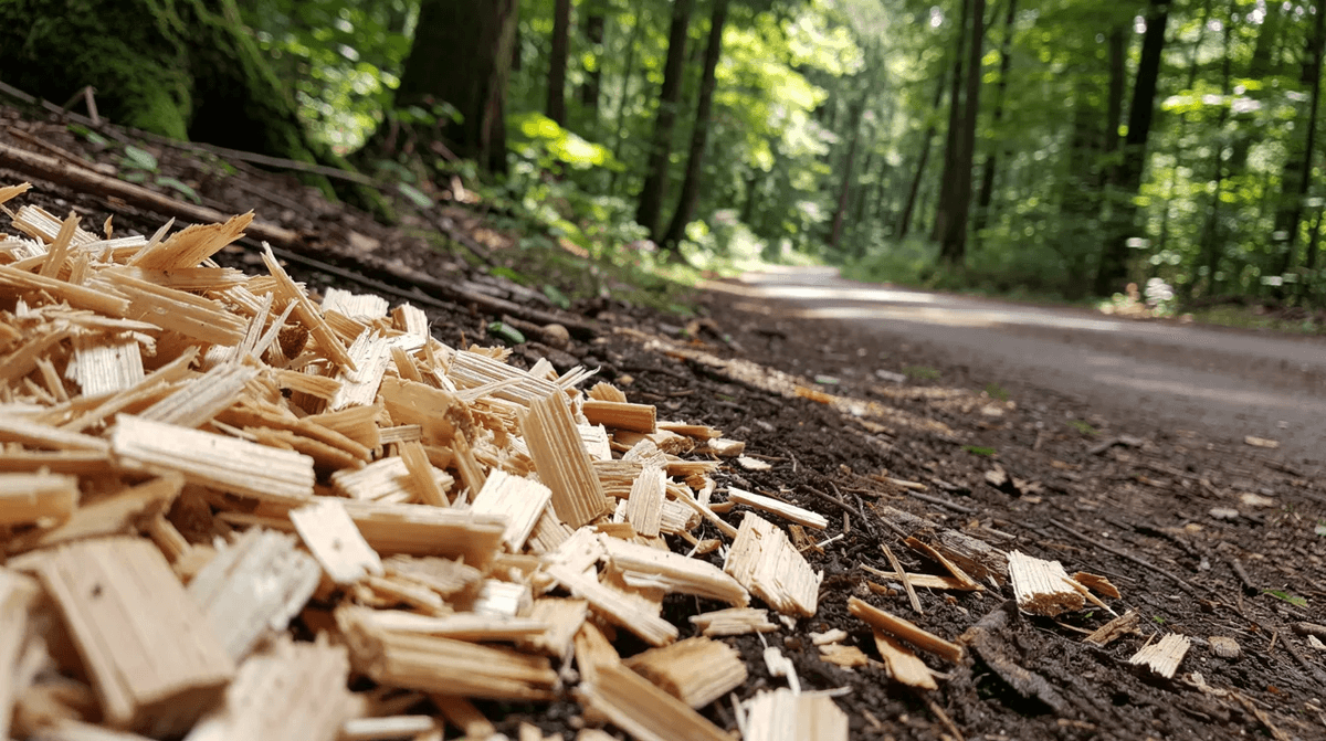 L'image montre des copeaux de bois frais étalés sur le sol d'une forêt, à proximité d'un chemin forestier dégagé. Ces résidus de broyage, issus d'un broyeur de végétaux, contribuent à l'entretien de l'espace vert et au recyclage des déchets de jardinage.
