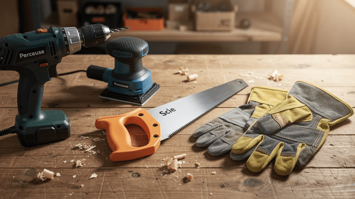 L'image montre un établi bien organisé avec divers outils de bricolage, incluant une perceuse, une ponceuse, une scie et des gants de protection, soulignant l'importance de la sécurité sur un chantier. Ce matériel est essentiel pour tous travaux de rénovation et de construction.