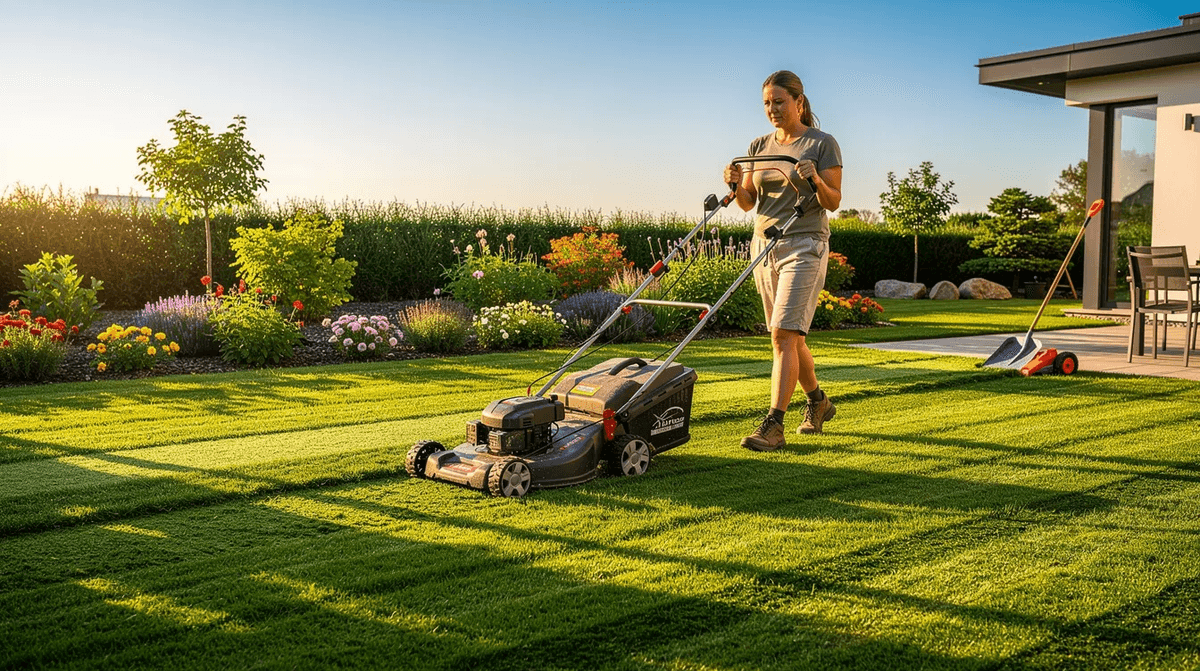 Une personne tond une pelouse verte à l'aide d'une tondeuse dans un jardin ensoleillé, entouré d'espaces verts bien entretenus. Cette scène évoque le soin apporté aux travaux de jardinage et l'utilisation d'outils appropriés pour l'entretien des jardins.