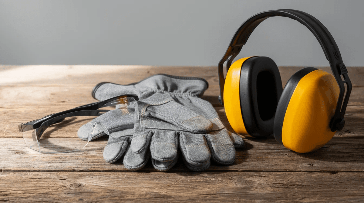 L'image présente des équipements de protection individuelle, comprenant des lunettes de sécurité, des gants de travail et un casque antibruit, soigneusement disposés sur une surface en bois. Ces éléments essentiels pour la sécurité sur les chantiers sont représentatifs du matériel utilisé par les professionnels lors des travaux de construction et de rénovation.