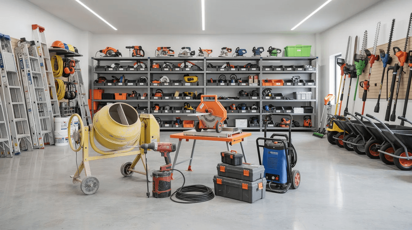 Salle de location d'outillage avec bétonnière, outils électriques, brouettes et échelles.