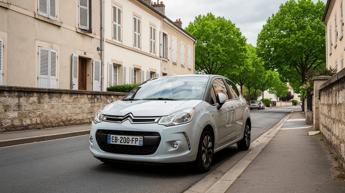 Une petite voiture citadine est garée dans une rue résidentielle française, entourée d'arbres verdoyants. Ce cadre paisible évoque l'idée de louer une voiture pour explorer la ville et profiter de la liberté d'un voyage agréable.