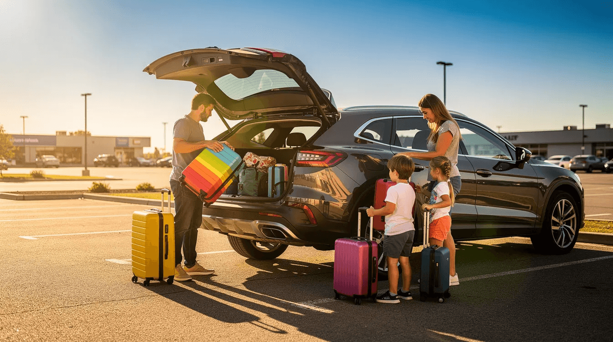 Une famille charge des valises dans un SUV sur un parking ensoleillé, prête pour leur voyage. Cette scène évoque la simplicité de la location de voitures pour des vacances en famille, offrant liberté et flexibilité pour explorer leur destination.