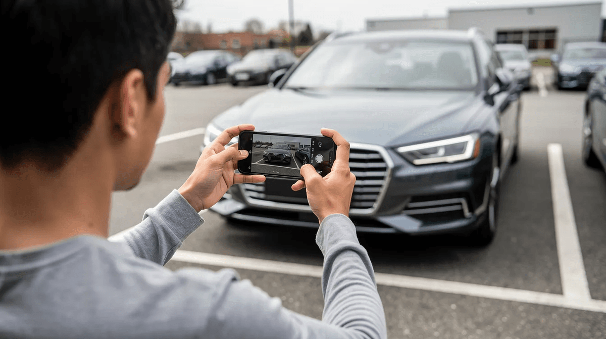 Une personne se tient dans un parking, photographiant l'avant d'une voiture de location avec son smartphone. Cette scène évoque la recherche d'offres de location de voitures, idéale pour ceux qui souhaitent louer un véhicule pour leurs vacances ou un road trip.