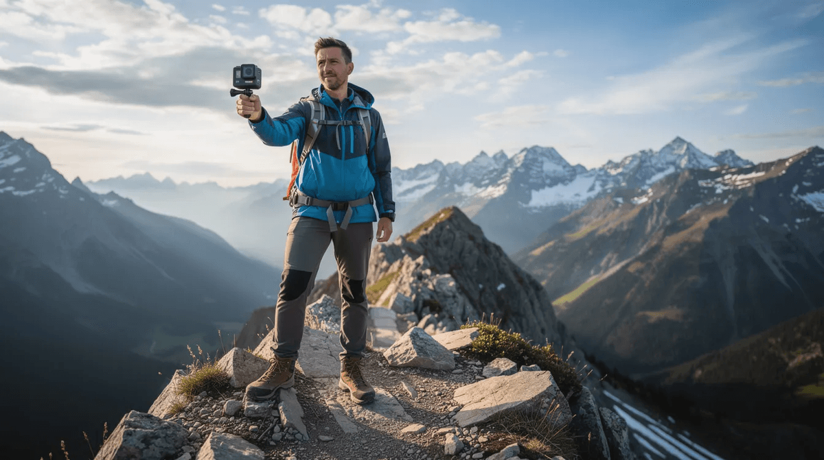 Une personne se tenant au sommet d'un sentier de montagne, tenant une GoPro Hero, avec un impressionnant panorama alpin en arrière-plan. Cette scène évoque l'aventure et la capture d'images mémorables dans un cadre naturel époustouflant.