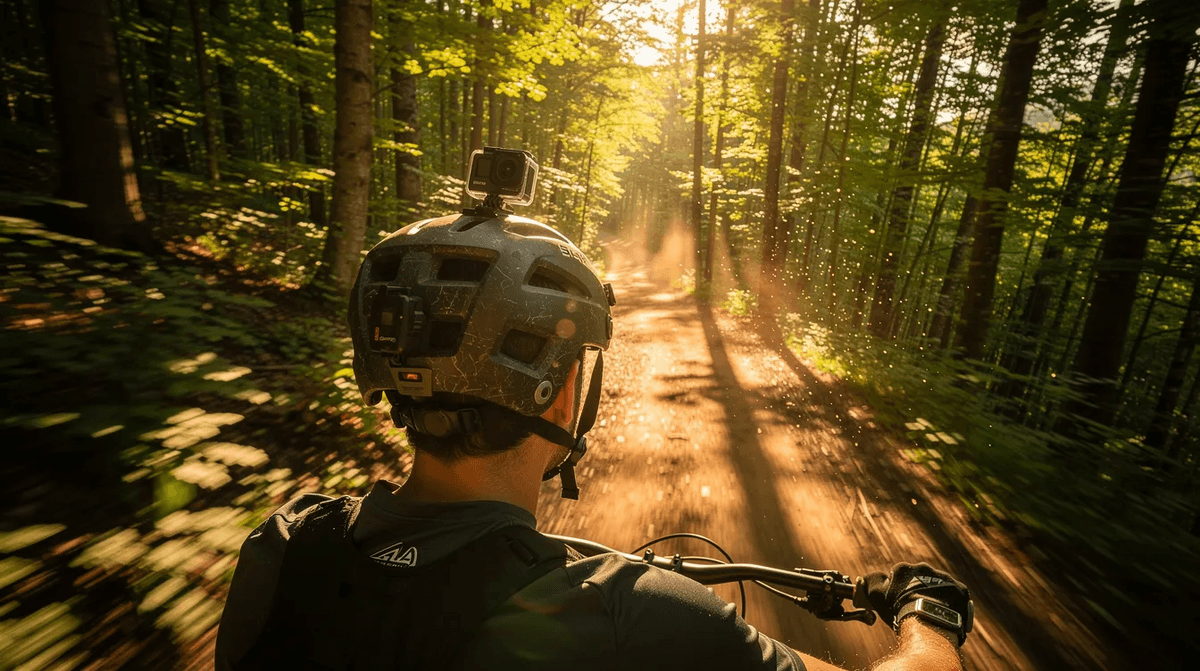 Une caméra GoPro fixée sur un casque de VTT capture une descente rapide à travers une forêt, illuminée par des rayons de soleil filtrant à travers les arbres. Cette prise de vue dynamique met en valeur l'action et l'aventure, idéale pour des projets de contenu en 4K.