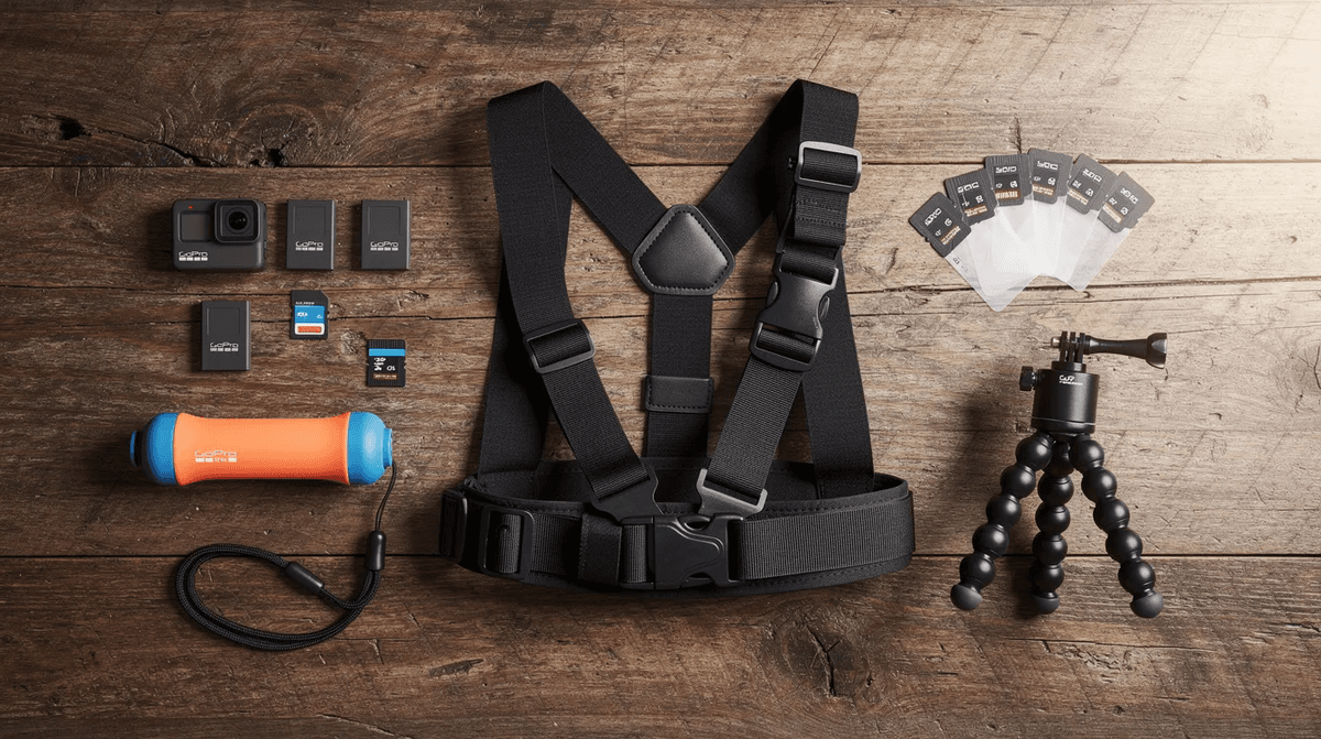Des accessoires GoPro sont soigneusement disposés sur une table en bois, comprenant des batteries, des cartes SD, un harnais, une poignée flottante et un mini-trépied, prêts à répondre aux besoins des passionnés de capture d'images en action. Ce matériel est idéal pour les projets de tournage et d'aventures, que ce soit à Lyon, Paris ou ailleurs en France.