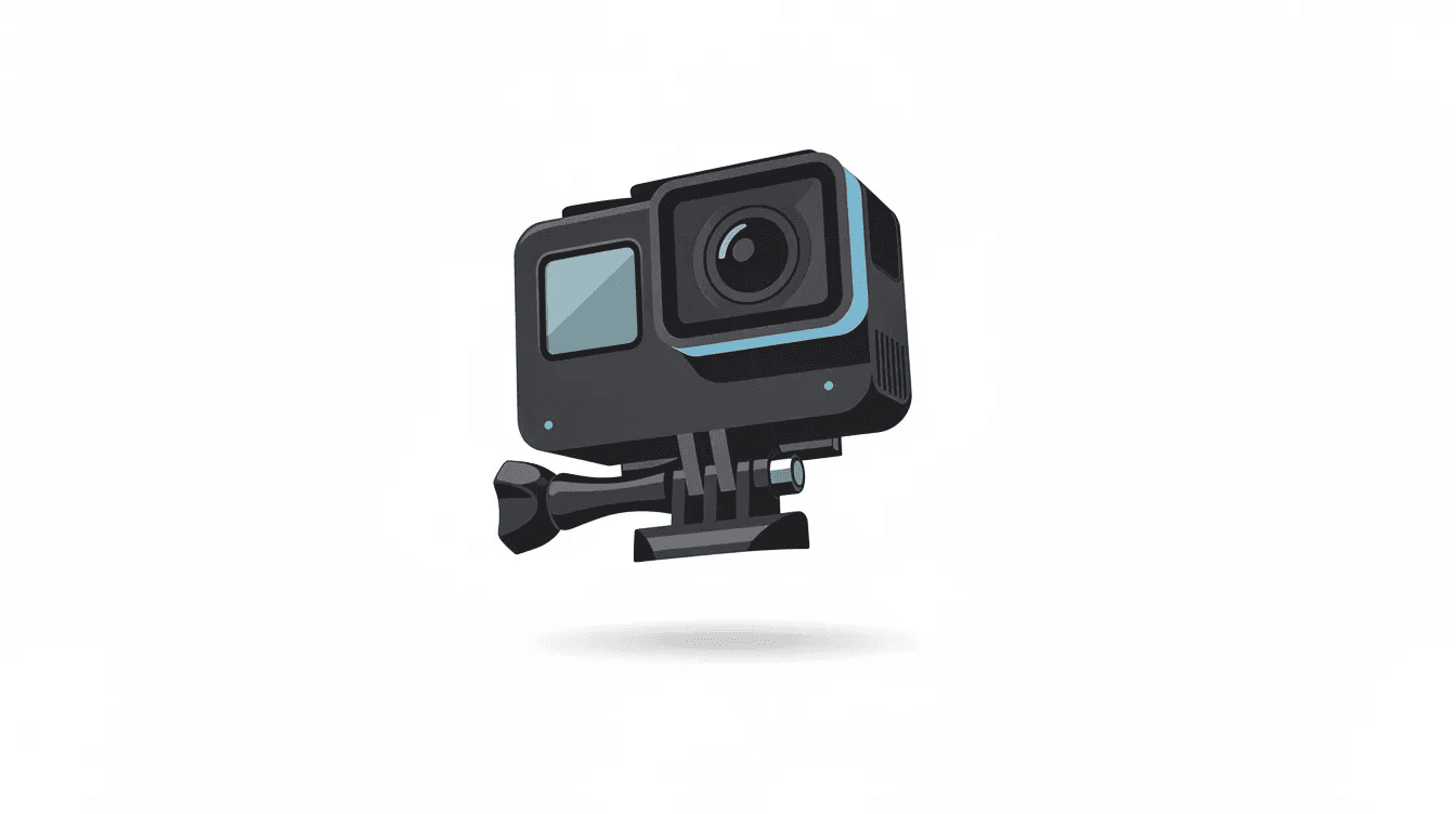 Caméra d'action GoPro noire avec support de fixation et liseré bleu, vue en perspective.