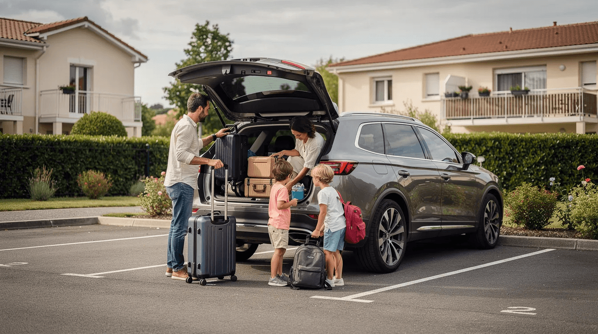 Une famille charge des valises dans un grand SUV gris sur un parking résidentiel, prête pour un voyage en voiture. Ce véhicule spacieux est idéal pour accueillir jusqu'à 6 personnes, parfait pour des vacances en groupe ou un road trip.