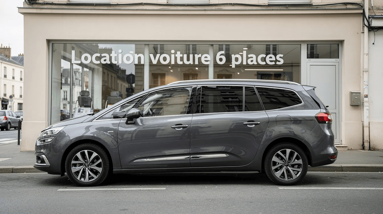 Renault Grand Scénic gris garé devant une agence de location voiture 6 places.