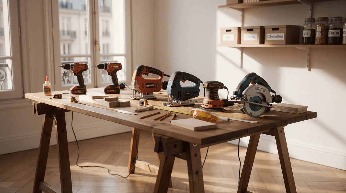 Un atelier de bricolage dans un appartement parisien lumineux, avec divers outils électroportatifs tels qu'une perceuse, une scie et une ponceuse soigneusement disposés sur un établi en bois. Cet espace est idéal pour les travaux de bricolage et la location de matériel pour les particuliers et professionnels.
