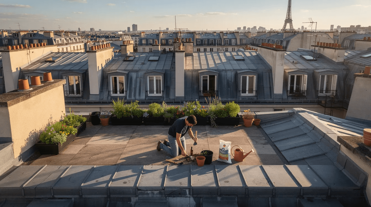 Une vue aérienne des toits de Paris montre une terrasse où une personne utilise des outils de jardinage pour entretenir des espaces verts. Les bâtiments parisiens en arrière-plan ajoutent une touche typique à ce cadre urbain.