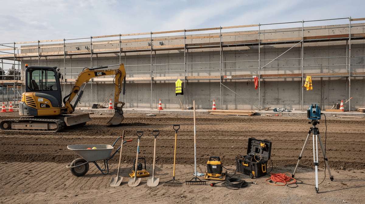 Une vue d'un chantier en cours avec une mini-pelle et un échafaudage, entourée d'outillage professionnel soigneusement disposé sur un terrain en préparation pour des travaux publics. L'environnement de travail reflète la sécurité et la réactivité des équipes de professionnels engagés dans le projet.