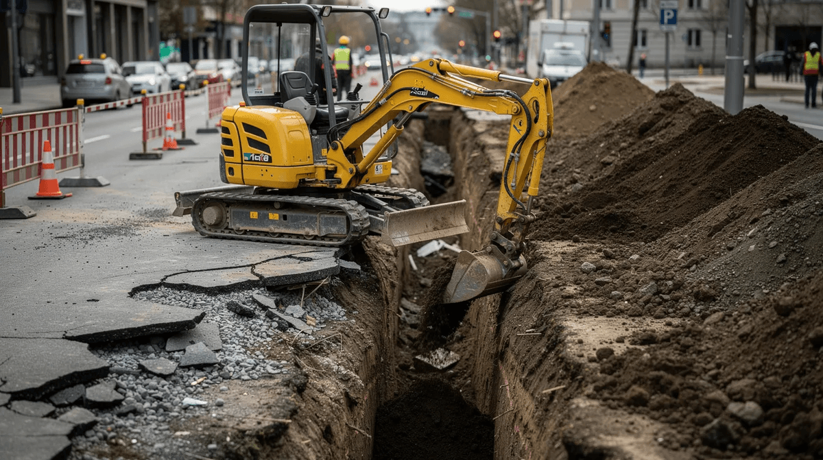 Une mini-pelle sur chenilles est en train de creuser une tranchée sur un chantier de voirie, illustrant les travaux publics en cours. Ce matériel en location est essentiel pour les projets de terrassement et d'aménagement des espaces.
