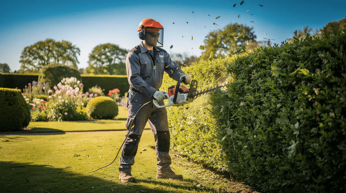 Une personne en tenue de protection utilise un taille-haie thermique pour entretenir de grands espaces verts dans un jardin ensoleillé. Ce matériel, souvent loué par des particuliers ou des professionnels, permet d'assurer la sécurité et l'efficacité lors des travaux d'aménagement extérieur.
