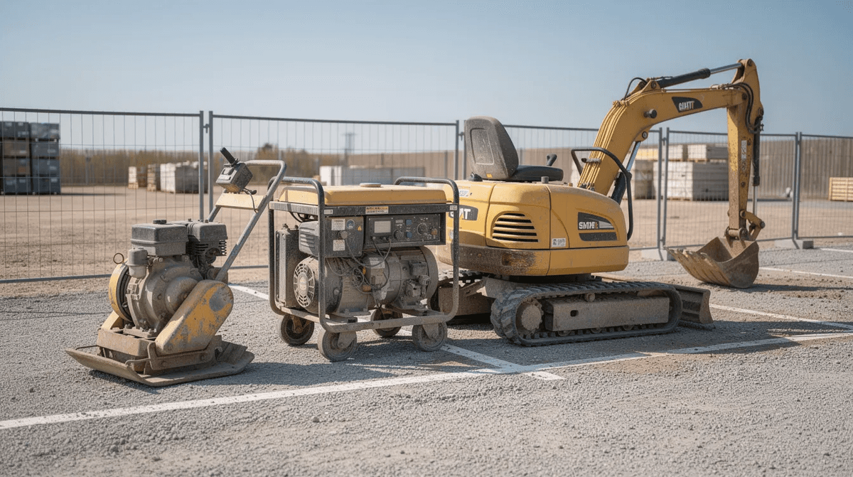 L'image montre un espace de stockage sur un chantier, où se trouvent alignés une plaque vibrante, un groupe électrogène et une mini-pelle, tous prêts pour des travaux de terrassement. Ce matériel de chantier est disponible à la location pour les professionnels et particuliers souhaitant réaliser des projets dans des environnements variés.