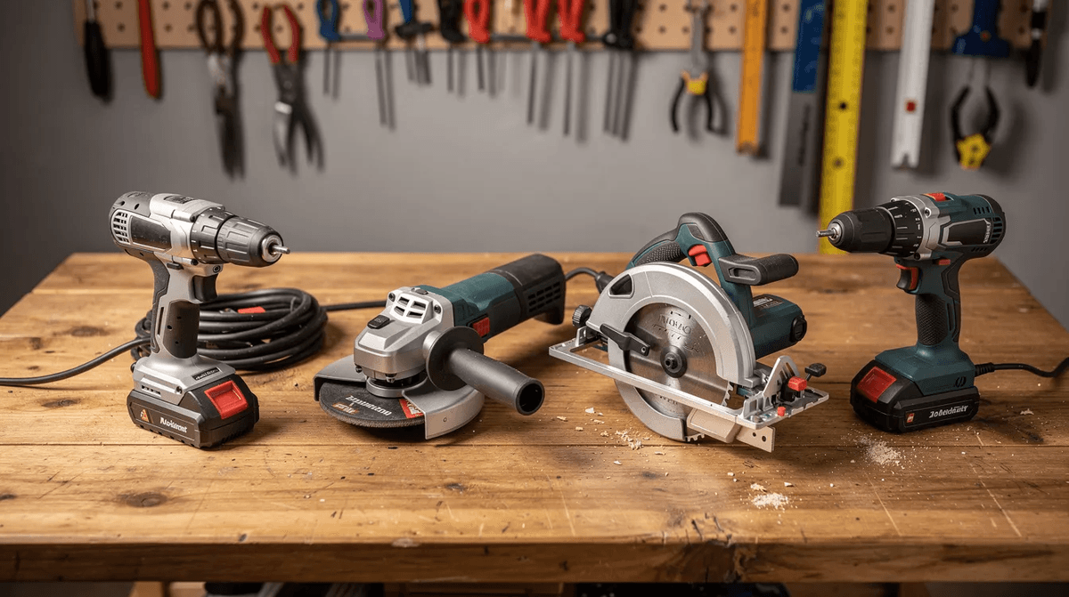 L'image montre plusieurs outils électriques professionnels soigneusement disposés sur un établi en bois, prêts pour des projets de rénovation. Ces équipements de haute qualité sont essentiels pour des travaux de construction et de bricolage, offrant une large gamme d'options pour les particuliers et les professionnels.