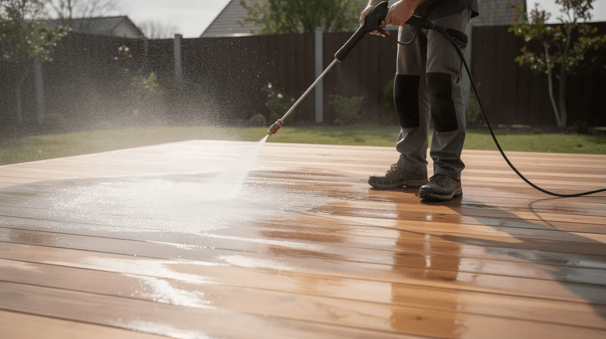 Une personne utilise un nettoyeur haute pression pour nettoyer une terrasse en bois, entourée d'outils de bricolage. Cette activité de nettoyage fait partie de ses travaux de rénovation pour entretenir son espace extérieur.