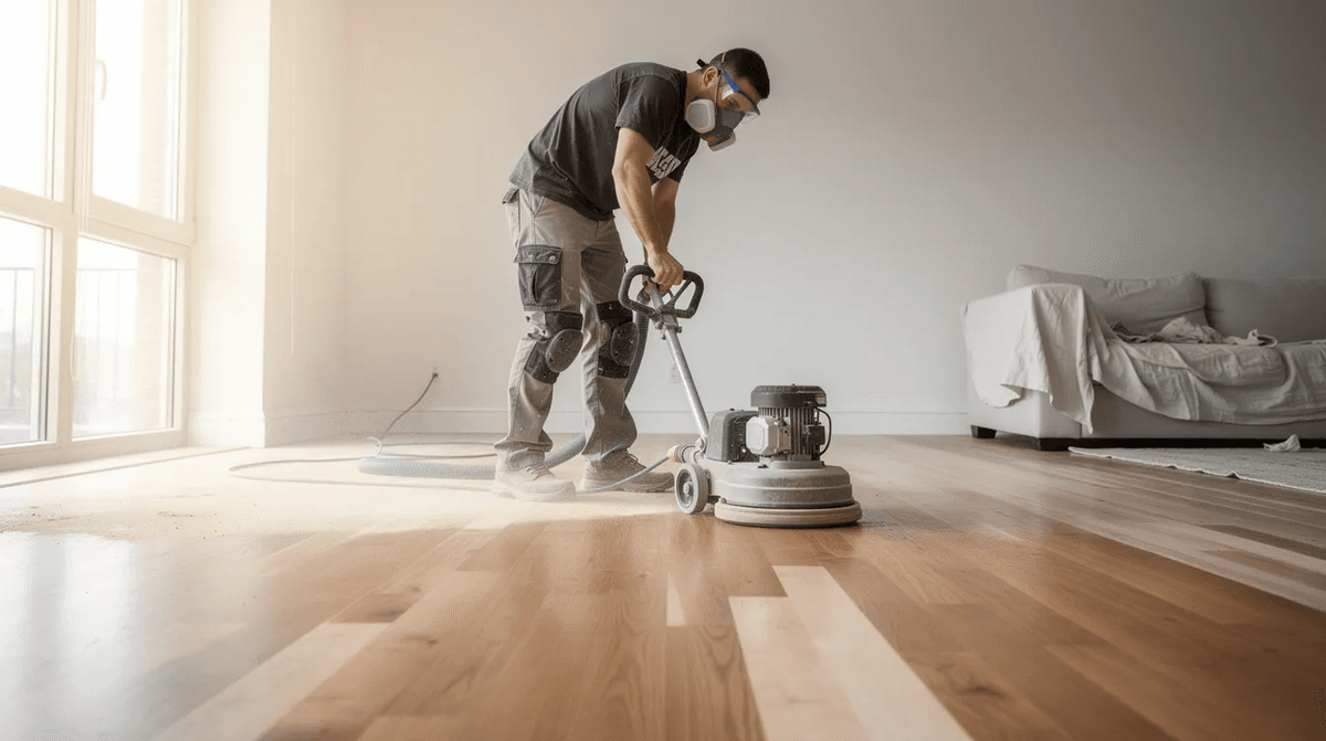 Une personne est en train de poncer un parquet en chêne dans un salon lumineux, entourée d'outils de bricolage. L'espace est bien organisé, mettant en valeur le processus de rénovation et les travaux en cours.