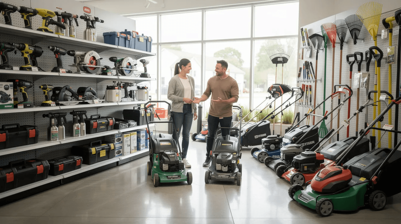Couple choisissant une tondeuse à gazon dans un magasin de bricolage et jardinage.