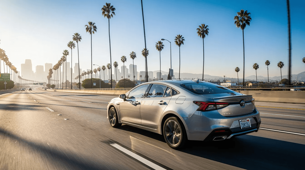 Une voiture de location roule sur une autoroute à Los Angeles, entourée de palmiers, sous un ciel bleu éclatant. Cette scène évoque le style de vie californien, parfait pour un voyage inoubliable à travers la ville.