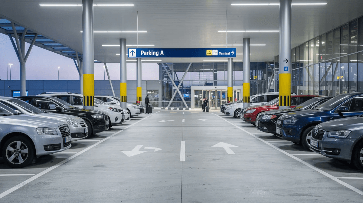 Une photo d'un parking couvert à l'aéroport moderne de Los Angeles, où des voitures de location sont soigneusement alignées. Ce lieu est idéal pour les voyageurs à la recherche d'une voiture à Los Angeles, offrant un accès facile et des options variées pour leur voyage.