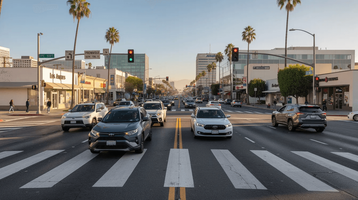 Une intersection urbaine animée à Los Angeles, où des feux tricolores régulent la circulation et des voitures de location attendent patiemment au croisement. Cette scène illustre la vie quotidienne dans cette grande ville californienne, où le service de location de voitures est essentiel pour les voyageurs.