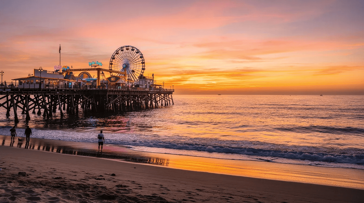 Un magnifique coucher de soleil illumine la jetée de Santa Monica, avec des teintes orange et rose se reflétant sur l'océan Pacifique en arrière-plan. La scène évoque la beauté de Los Angeles, un lieu emblématique pour les voyageurs à la recherche d'une expérience inoubliable.