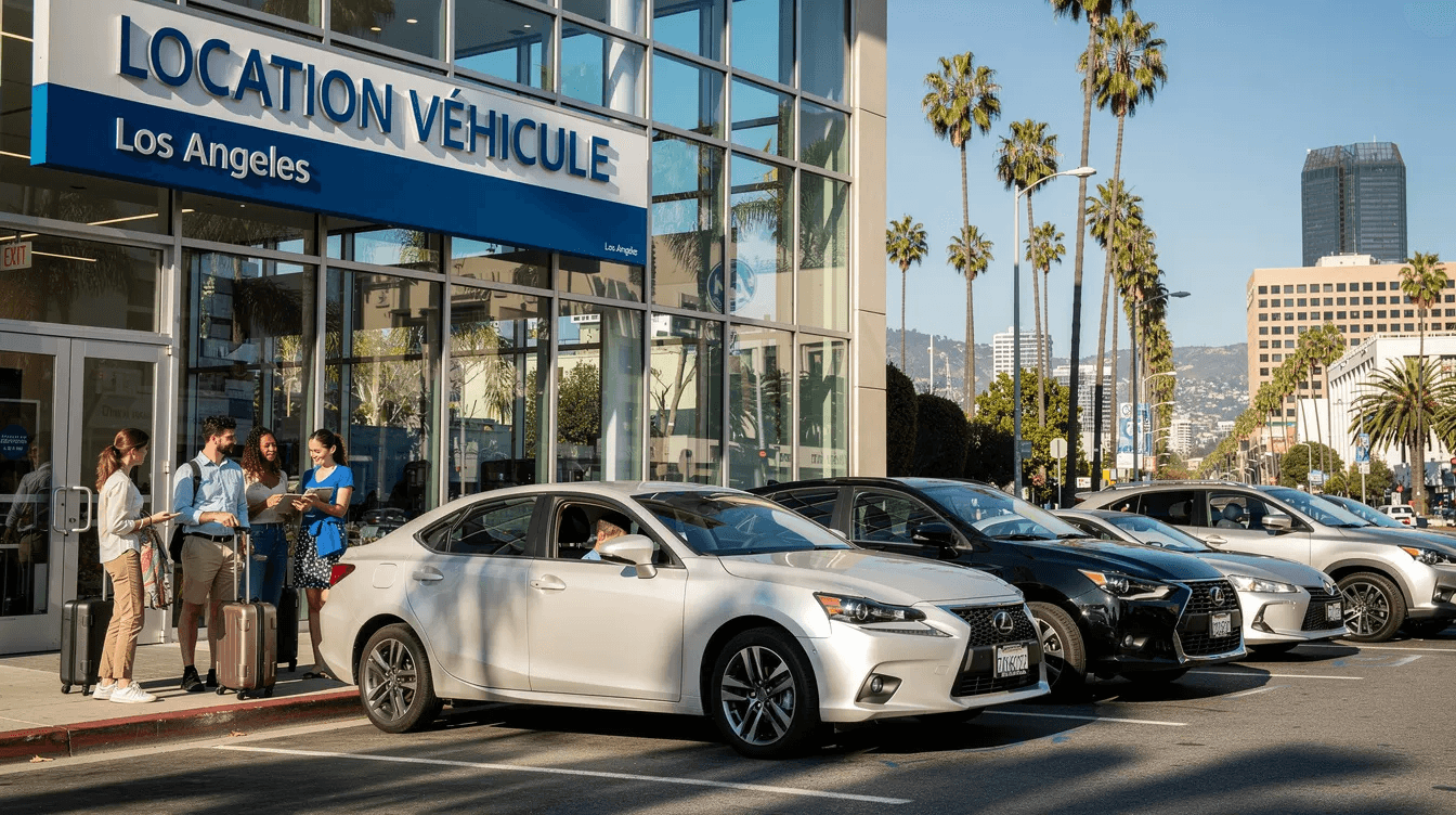 Agence de location véhicule à Los Angeles avec clients français et Lexus garées.