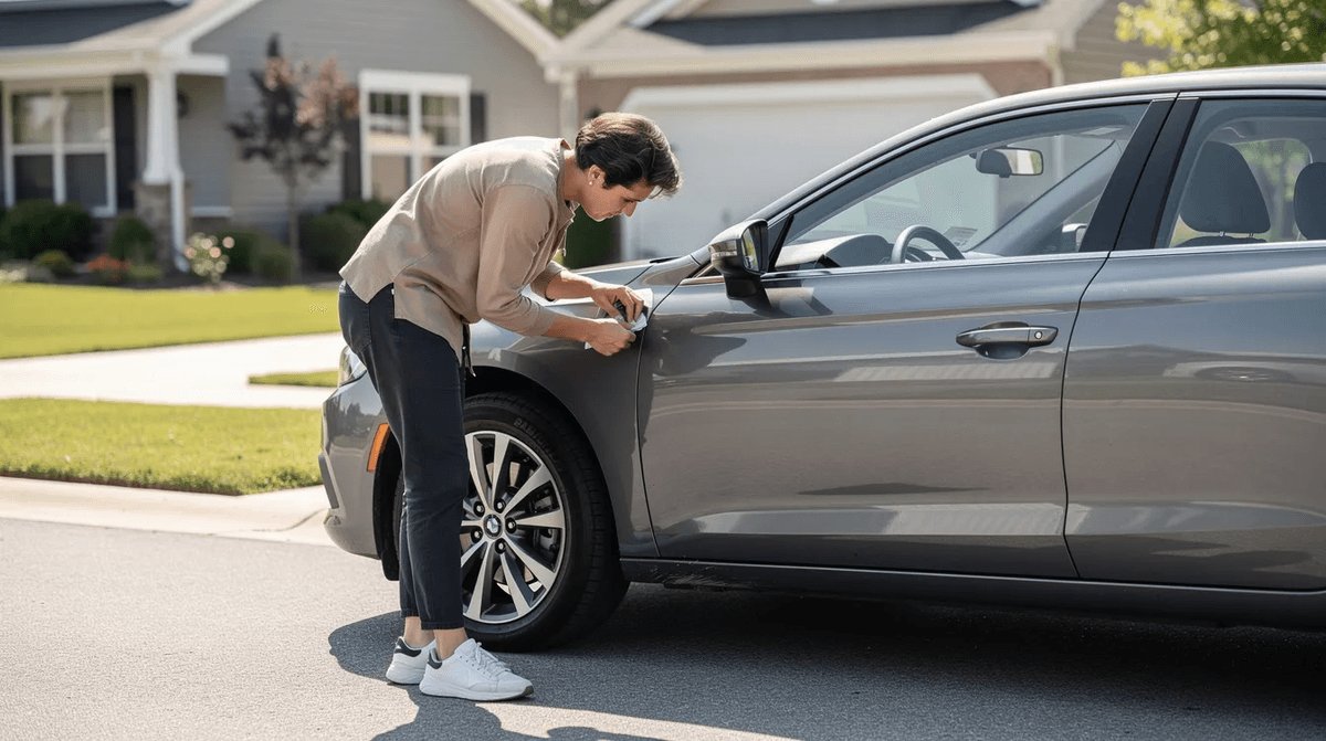Une personne examine attentivement une voiture d'occasion grise, garée dans une allée résidentielle, sous un ciel ensoleillé. Le véhicule semble bien entretenu, et l'inspection pourrait porter sur des détails tels que le kilométrage et les équipements.