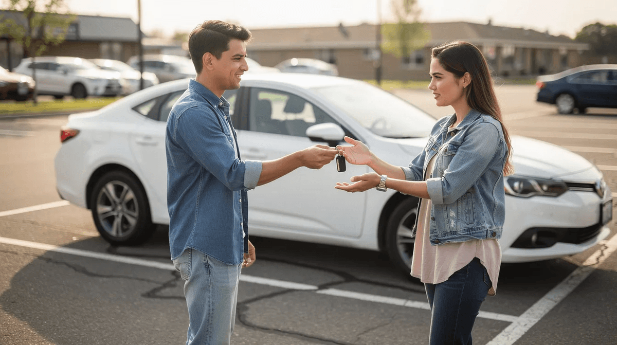 Deux personnes échangent des clés de voiture devant un véhicule blanc stationné dans un parking. Cette scène évoque l'achat d'une voiture d'occasion, mettant en avant l'importance de la confiance entre le vendeur et l'acheteur.