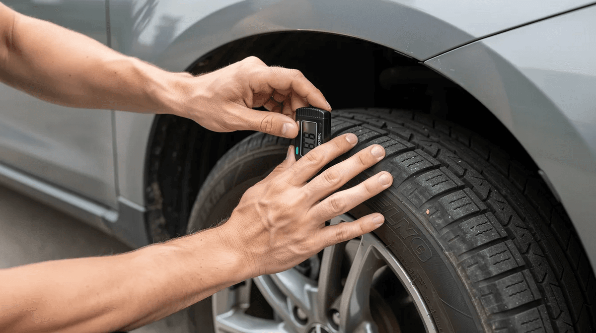 Un gros plan montre des mains en train de vérifier la profondeur de la bande de roulement d'un pneu sur une voiture grise, soulignant l'importance de l'entretien pour les véhicules d'occasion. Cette vérification est essentielle pour assurer la sécurité et la performance d'une voiture.