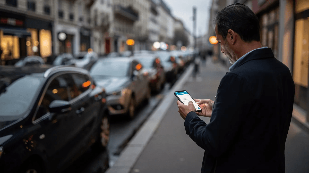Une personne consulte son smartphone, probablement pour rechercher des informations sur des voitures d'occasion, devant une rangée de véhicules stationnés dans une rue urbaine. On peut apercevoir différentes marques de voitures, telles que Peugeot et Renault, alignées sur le côté de la route.