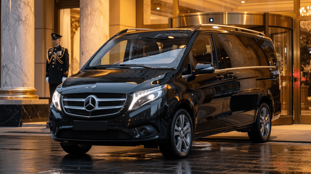 Une Mercedes Classe V noire est garée devant un hôtel de luxe, tandis qu'un portier en uniforme se tient en arrière-plan, prêt à accueillir les clients. Ce véhicule haut de gamme, spacieux et confortable, est idéal pour transporter des familles ou des groupes de voyageurs.