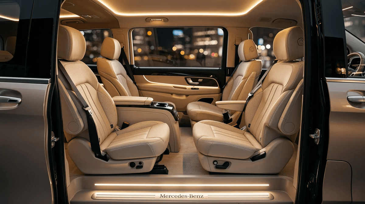 L'intérieur en cuir beige d'une Mercedes Classe V présente des sièges face à face, offrant un confort haut de gamme pour les passagers. L'éclairage d'ambiance tamisé crée une atmosphère chaleureuse, idéale pour les voyages en famille ou entre amis.
