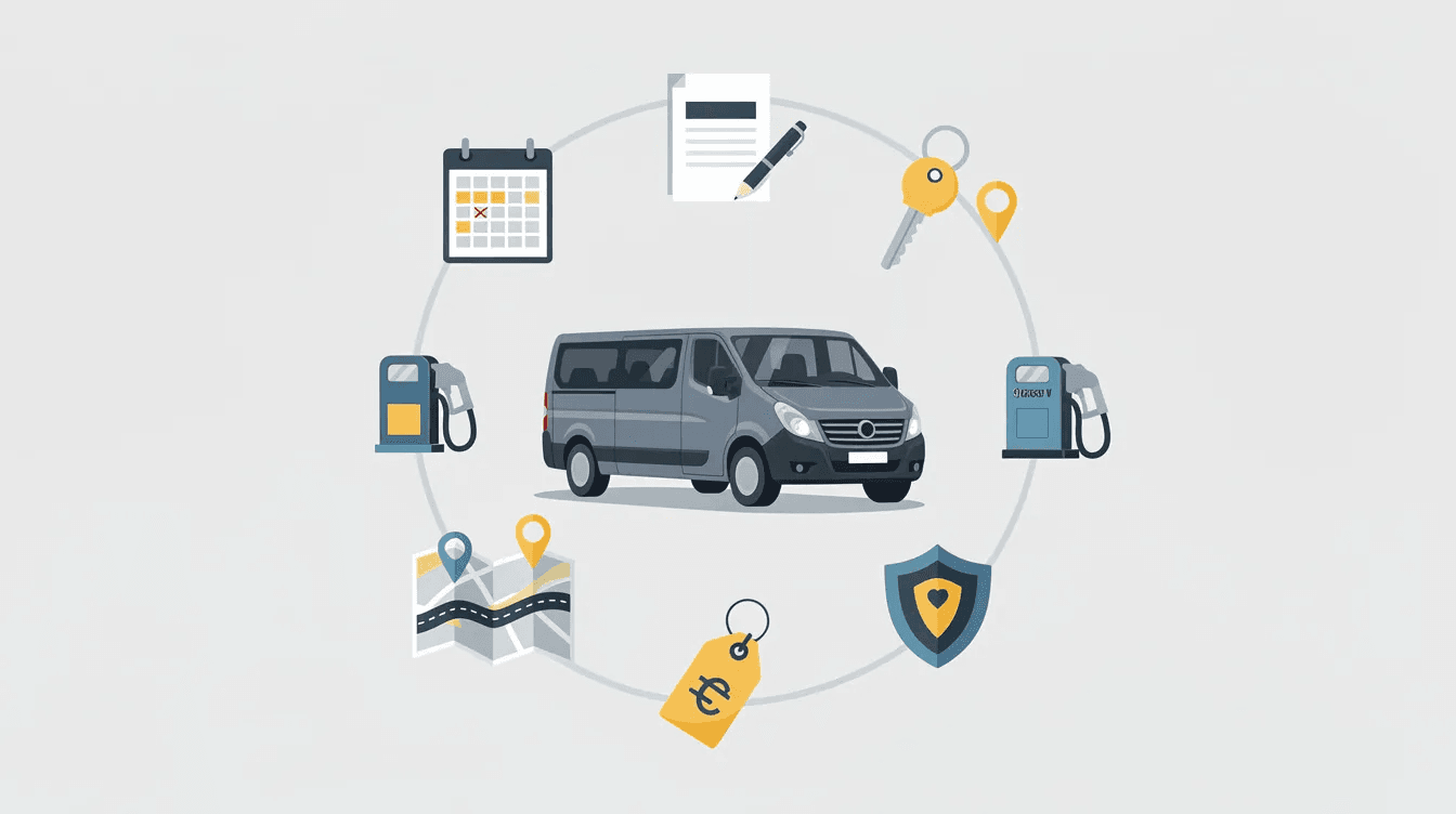 Infographie sur la location de van premium avec icônes : contrat, clés, carburant, assurance et tarif.
