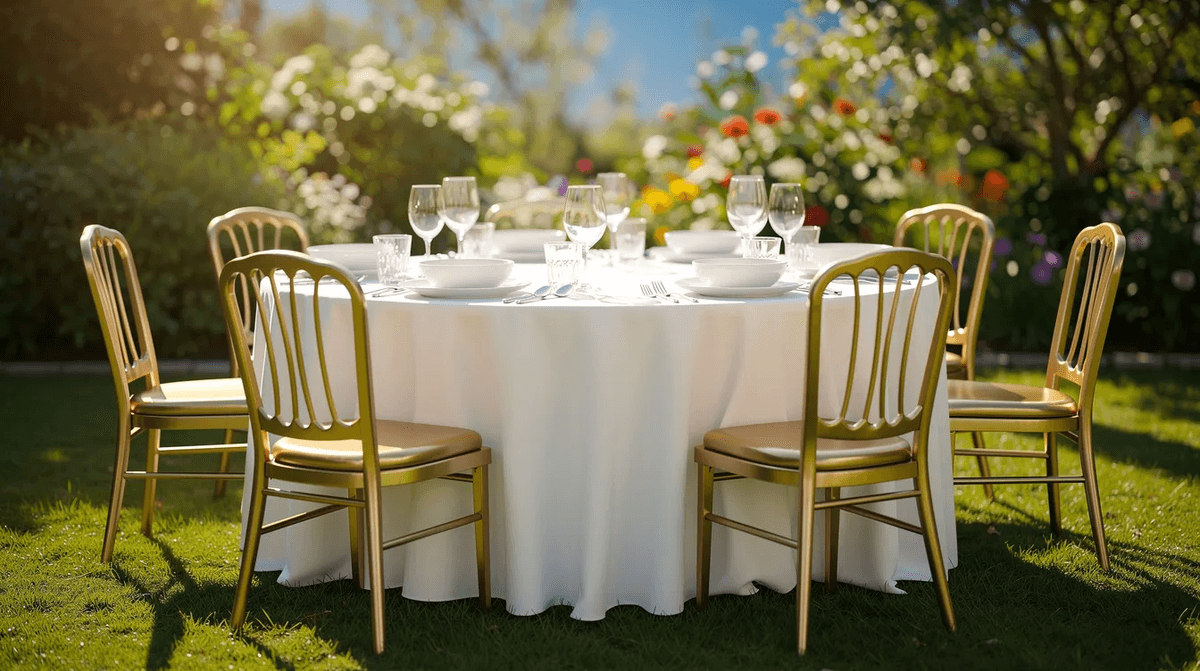 Une table ronde est dressée avec de la vaisselle blanche, comprenant des assiettes et des verres, entourée de chaises dorées dans un jardin ensoleillé, créant une ambiance élégante pour un événement. Ce cadre est idéal pour une réception, un mariage ou un dîner en plein air.