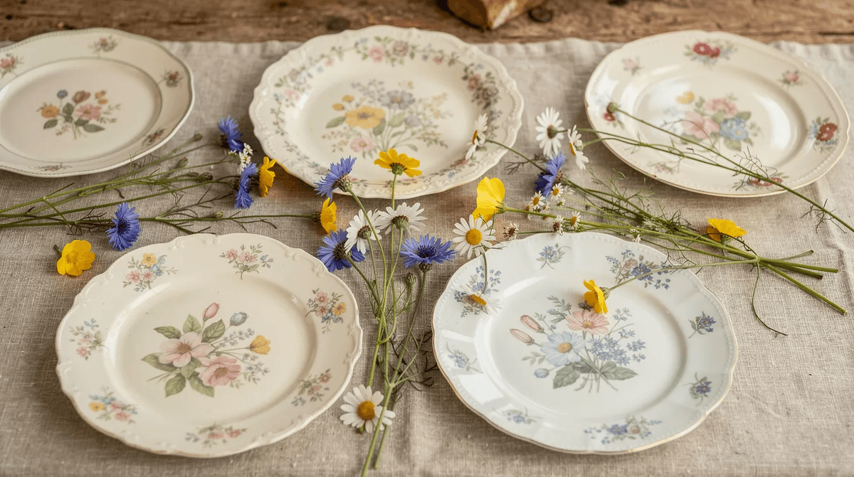 Des assiettes fleuries dépareillées sont harmonieusement disposées sur une nappe en lin, ornée de fleurs champêtres, créant une ambiance chaleureuse pour un repas convivial. Cette mise en place évoque l'art de la table et pourrait convenir à divers événements tels qu'un mariage ou un anniversaire.