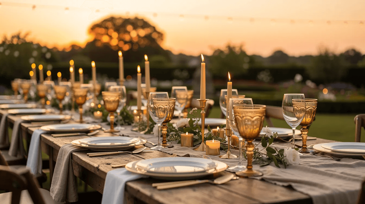 Une longue table de mariage est dressée en plein air, ornée de verrerie dorée et de bougies, créant une ambiance romantique au coucher du soleil. La vaisselle raffinée et les accessoires décoratifs ajoutent une touche d'élégance à cet événement mémorable.