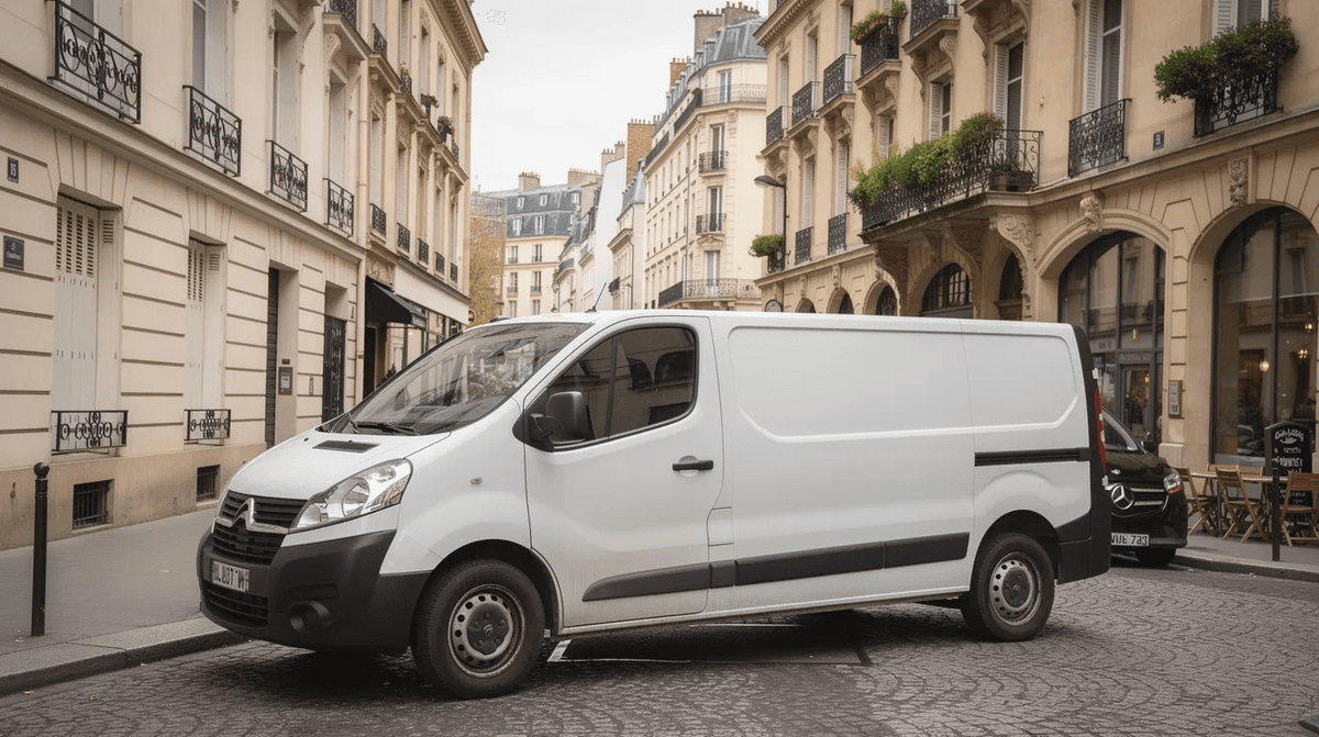 Un fourgon utilitaire blanc est stationné dans une rue parisienne, entouré d'immeubles haussmanniens typiques, offrant un aperçu du cadre urbain de Paris. Ce véhicule, idéal pour des besoins de location d'utilitaire à Paris, est prêt pour le chargement de marchandises ou le déménagement.
