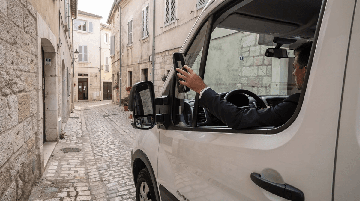 Un conducteur ajuste le rétroviseur d'un grand fourgon blanc dans une rue pavée étroite, typique des quartiers de Paris. Ce véhicule utilitaire, adapté pour le transport et le déménagement, est prêt à répondre aux besoins de ses clients dans la ville.