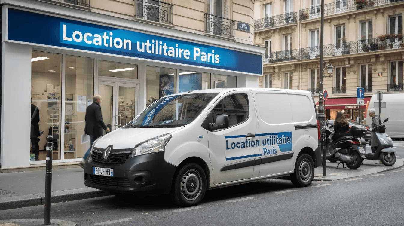Fourgonnette Renault blanche d'une agence de location utilitaire garée à Paris.