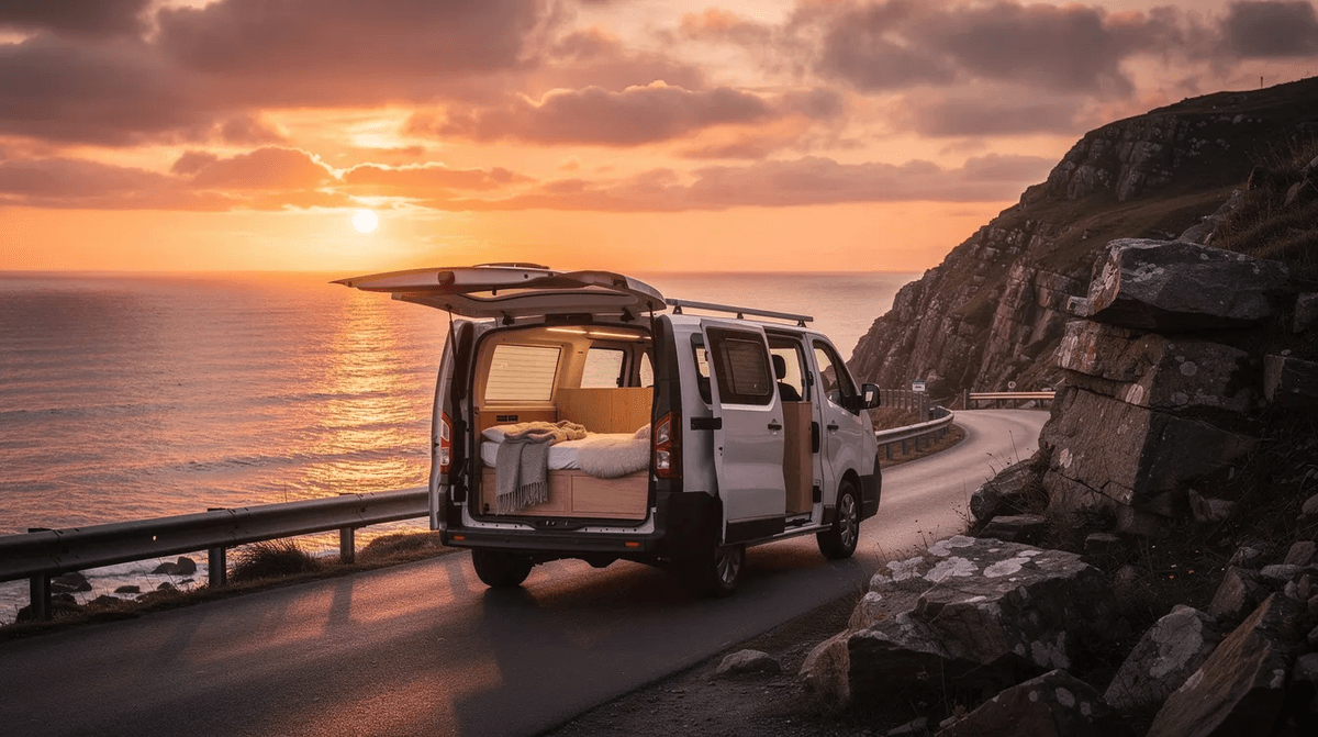 Un van aménagé est garé face à la mer sur une route côtière, illuminé par les couleurs chaudes du coucher de soleil. Cette scène évoque la liberté d'un road trip, idéale pour les voyageurs en quête de sérénité et de détente.