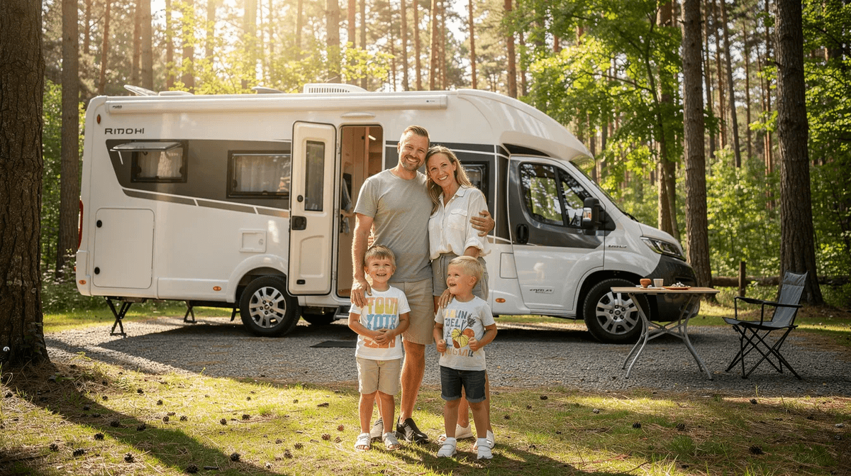 Une famille avec deux enfants se tient joyeusement devant un camping-car profilé, garé dans un camping en forêt. Ce cadre naturel offre une ambiance parfaite pour un road trip en famille, permettant de profiter pleinement des vacances et des loisirs en plein air.