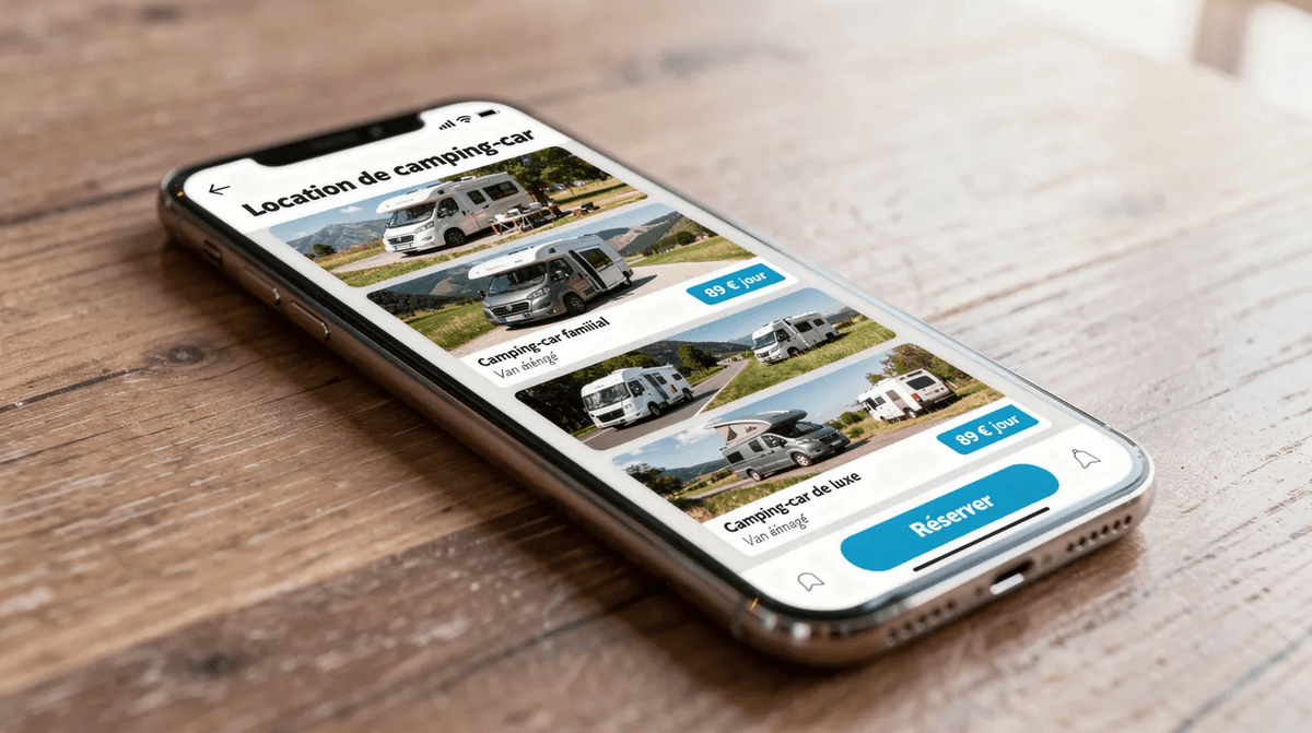 Un écran de smartphone montre une application de location de camping-cars, présentant plusieurs photos de véhicules disponibles à la location entre particuliers. Les utilisateurs peuvent y consulter les tarifs, les dates de disponibilité et les options pour planifier leur road trip.