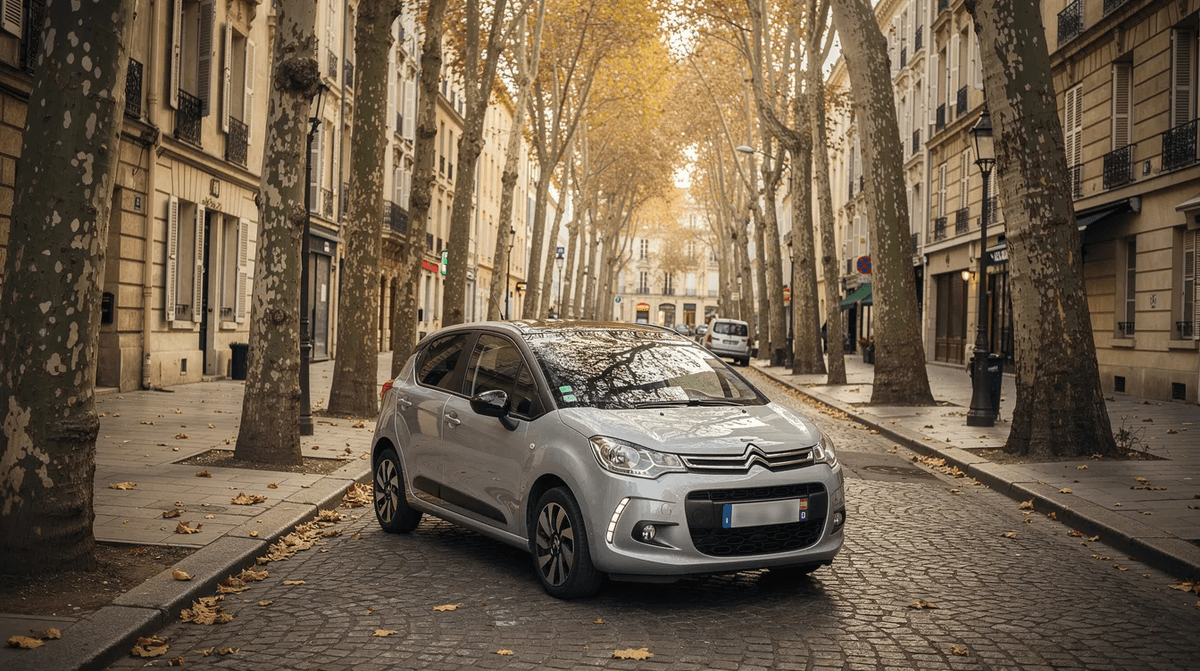 Une petite voiture citadine, probablement une Fiat 500, est garée sur une rue pavée d'un centre-ville français, entourée de platanes. Cette scène évoque une ambiance paisible, idéale pour une location de voiture lors de vacances en famille.