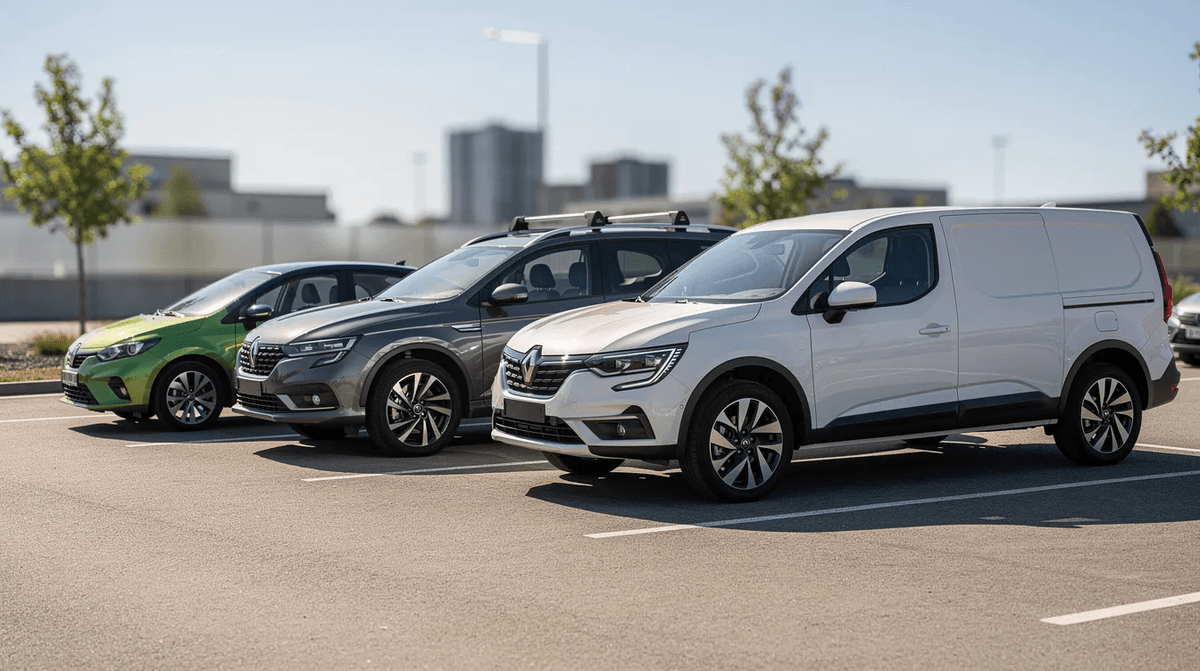 Une rangée de véhicules variés, comprenant une citadine, une berline, un SUV et un utilitaire, est garée côte à côte dans un parking extérieur ensoleillé. Ces options de location de voiture offrent une solution adaptée aux besoins de chaque client, que ce soit pour des vacances en famille ou un déplacement professionnel.